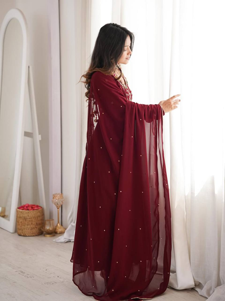 Editorial Maroon Zari Silhouette